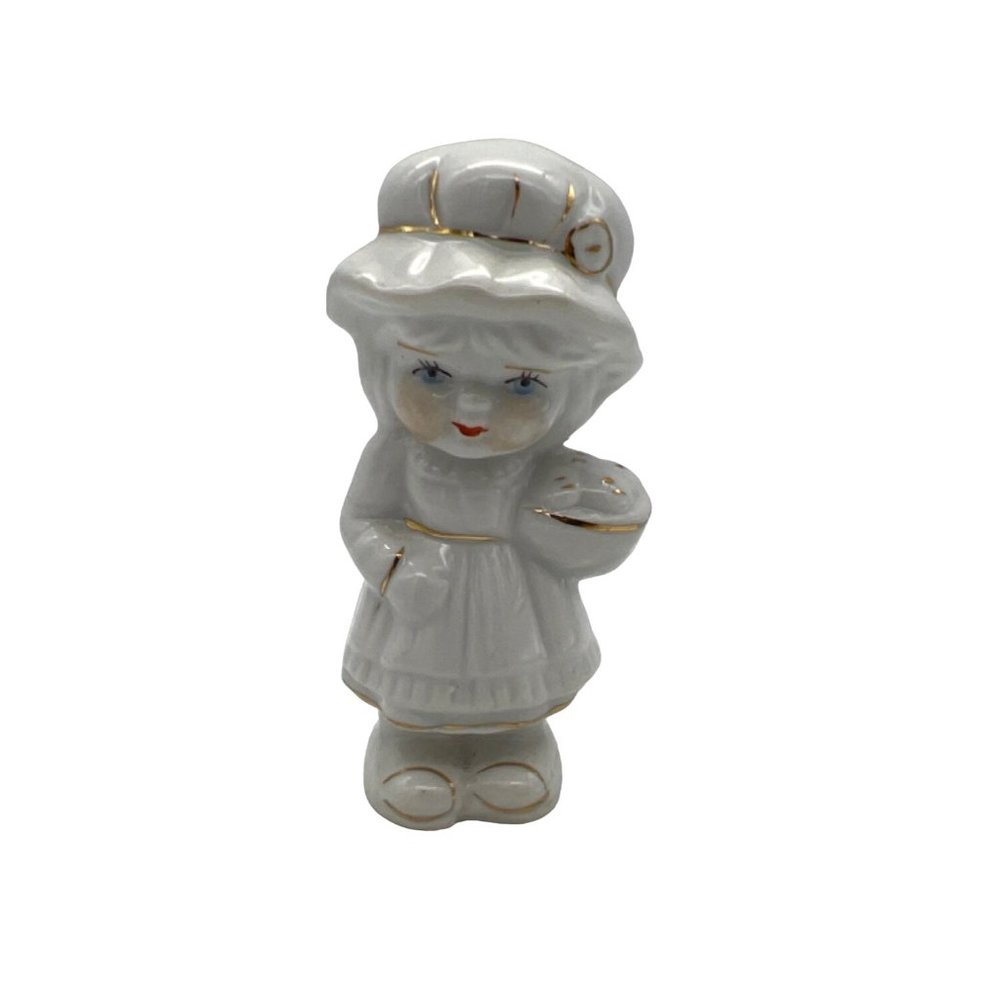 Little Girl Figurine Bonnet Bread Basket 4.5" White Gold Trim Blue Eyes Vintage